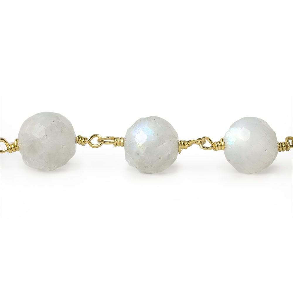 8-8.5mm Rainbow Moonstone faceted round Gold Chain by the foot 22 pieces - Beadsofcambay.com