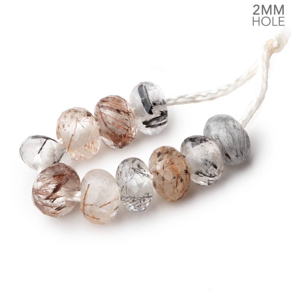 8-8.5mm Rutilated & Tourmalinated Quartz 2mm Large Hole Faceted Rondelle Bead Set of 10 - Beadsofcambay.com
