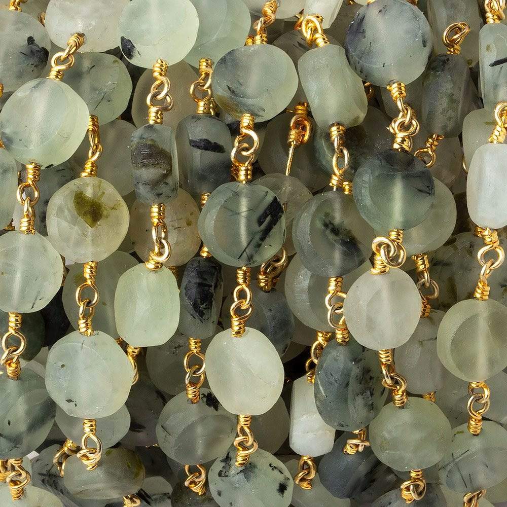 8-9mm Matte Dendritic Prehnite plain coin Gold plated Chain by the foot - Beadsofcambay.com