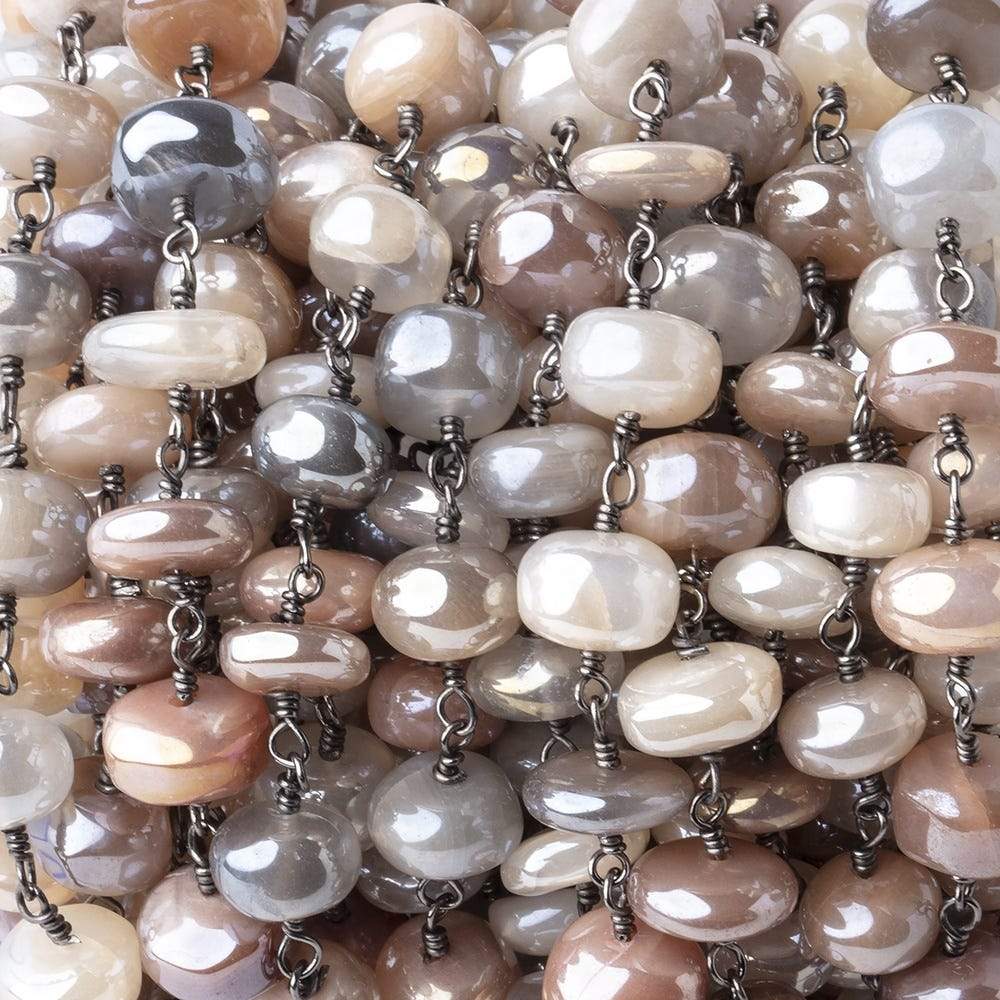 8-9mm Mystic Multi Moonstone Plain Rondelle Black Gold Plated Chain by the Foot - Beadsofcambay.com