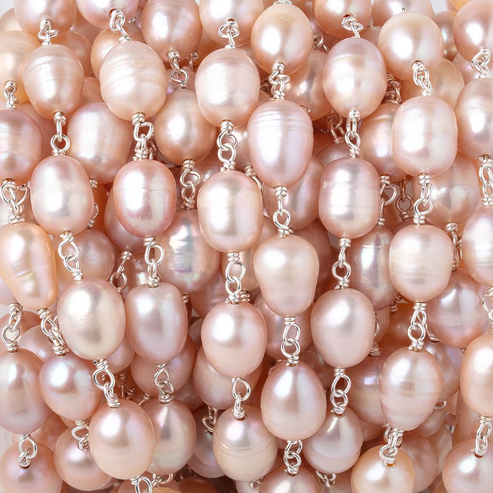 8-9mm Peachy Pink Baroque Pearls on .925 Silver Chain - Beadsofcambay.com