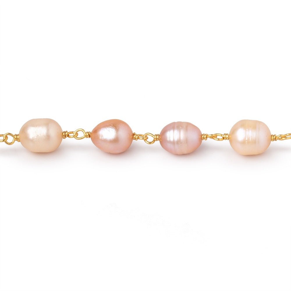 8-9mm Peachy Pink Baroque Pearls on Vermeil Chain - Beadsofcambay.com