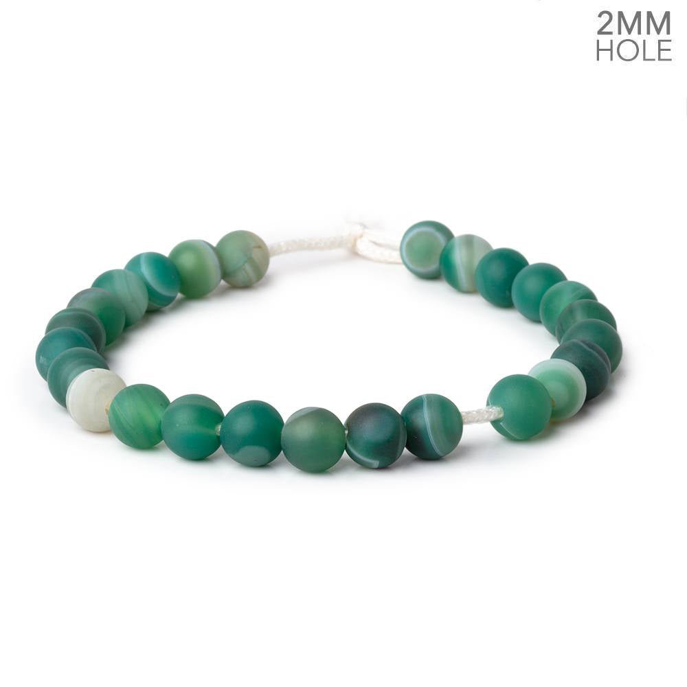 8.5mm Matte Green Banded Agate 2mm Large Hole Plain Rounds 27 Beads - Beadsofcambay.com