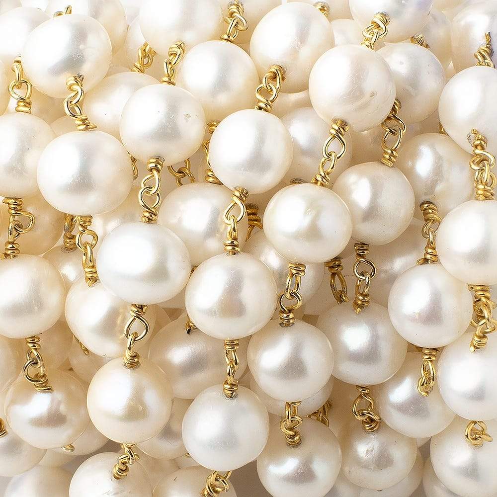 8.5x9-8x10mm White Off Round Pearls on Vermeil Chain by the Foot 20 pieces - Beadsofcambay.com