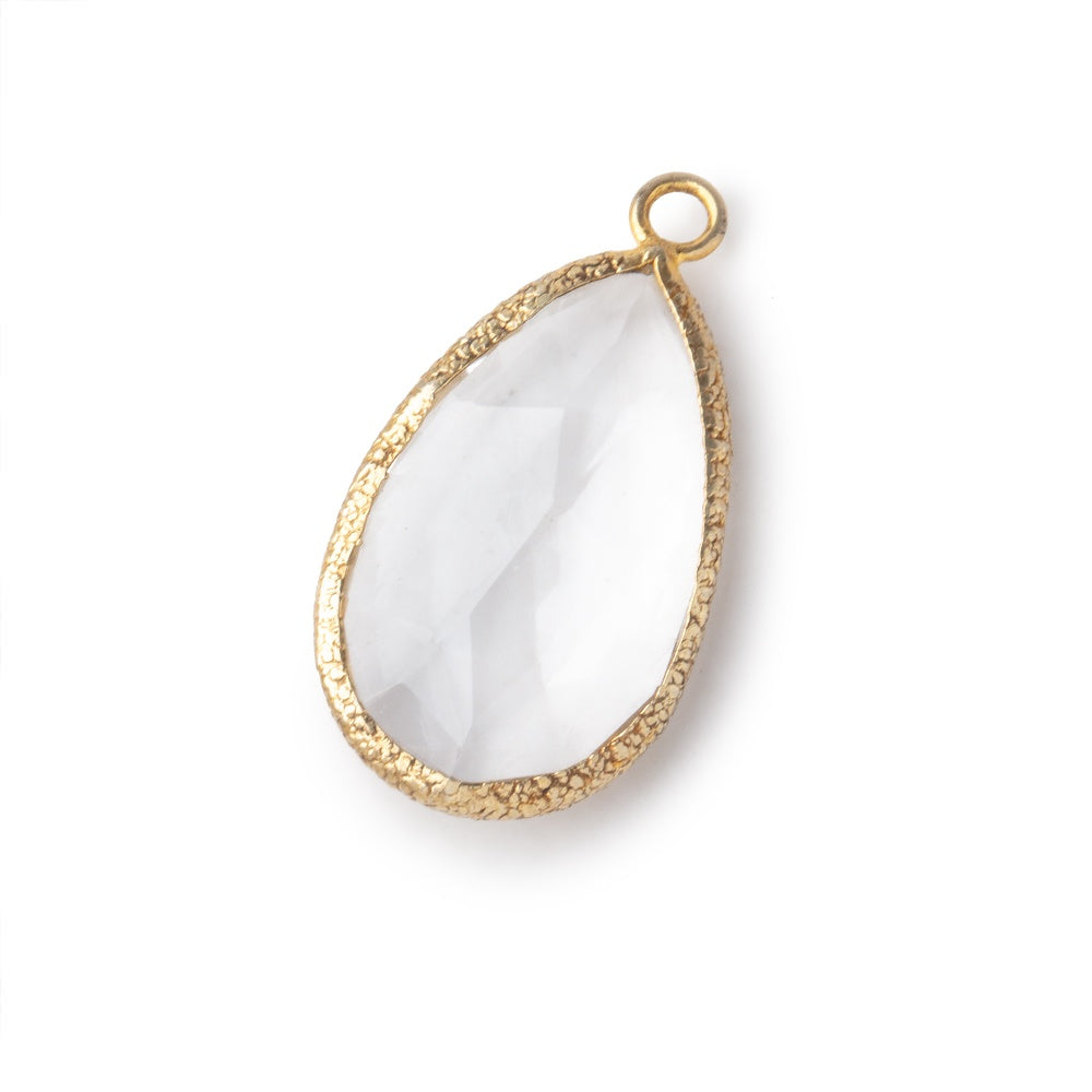 20x13mm Textured Vermeil Bezeled Crystal Quartz Pear Pendant 1 piece - BeadsofCambay.com