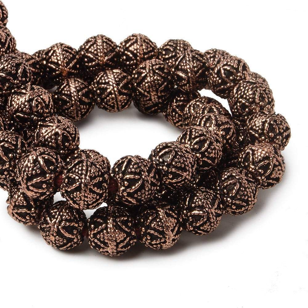 8mm Antiqued Copper Bead Round Miligrain Triangle Design 8 inch 28 pcs - Beadsofcambay.com