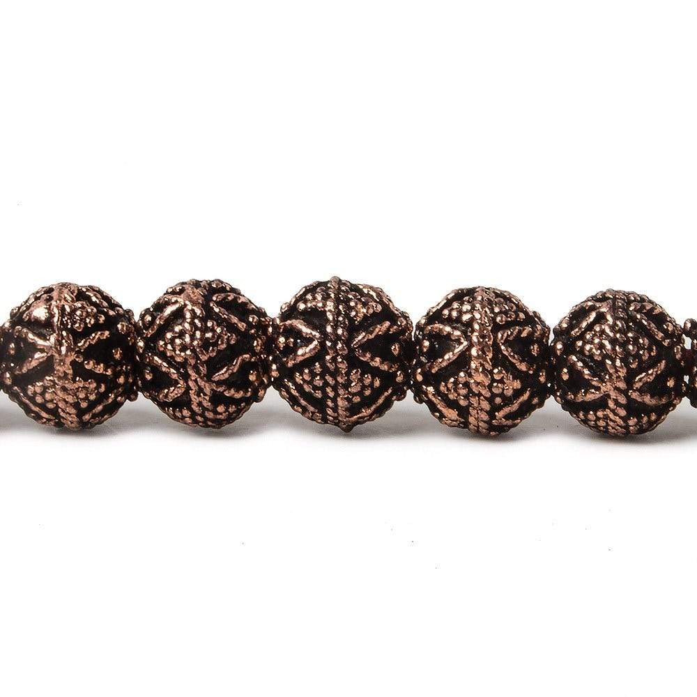 8mm Antiqued Copper Bead Round Miligrain Triangle Design 8 inch 28 pcs - Beadsofcambay.com
