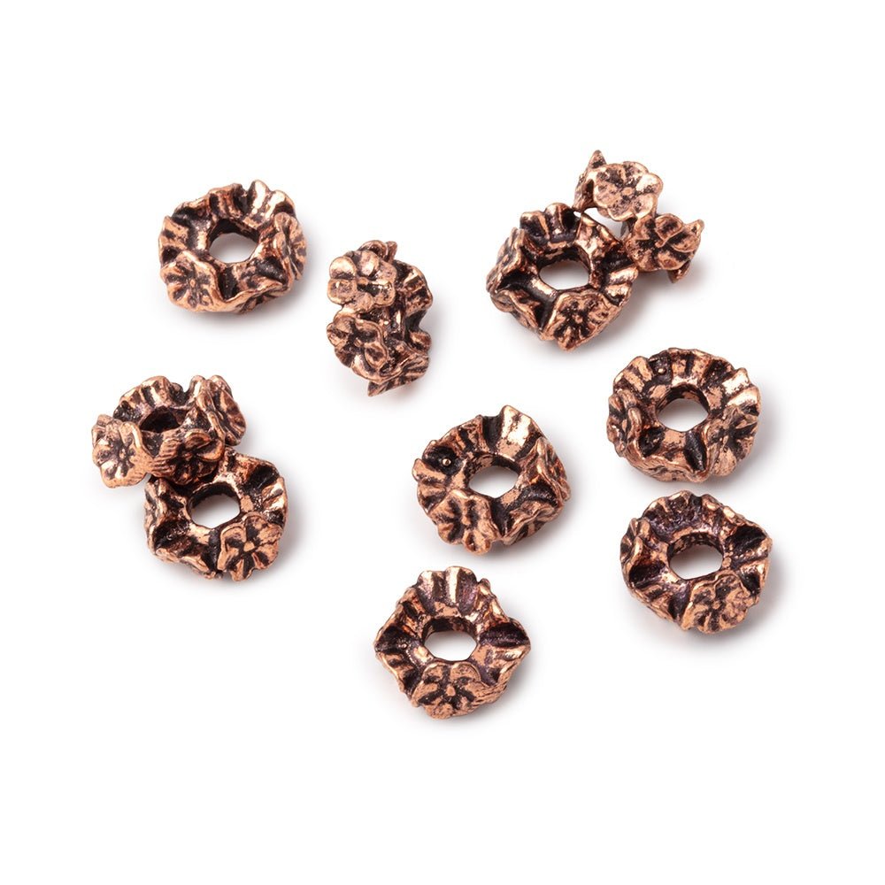 8mm Antiqued Copper Floral Edge Spacer Set of 10 Large Hole Beads - Beadsofcambay.com