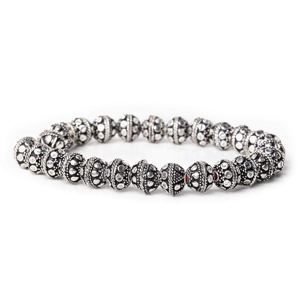 8mm Antiqued Sterling Silver plated Bead Cap Dots and Rope Center Design 8 inch 54 beads - Beadsofcambay.com