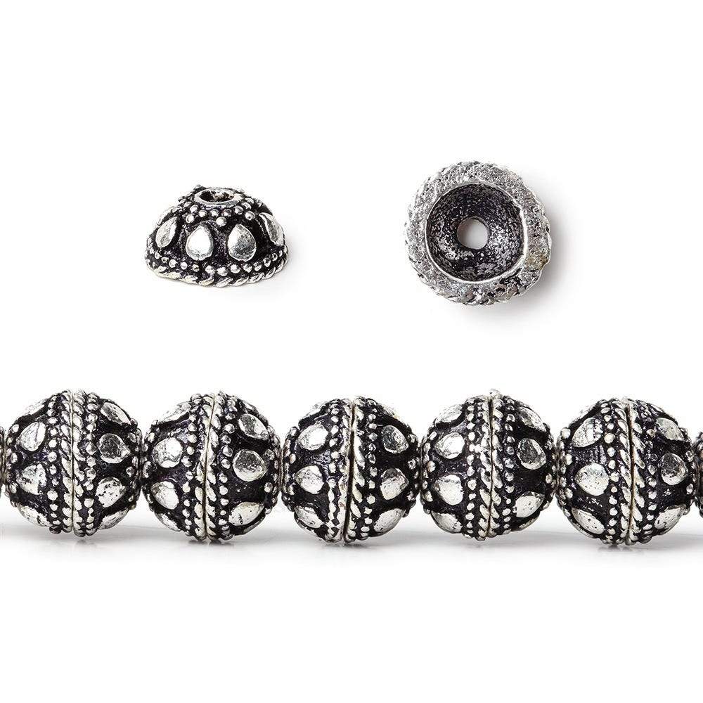 8mm Antiqued Sterling Silver plated Bead Cap Dots and Rope Center Design 8 inch 54 beads - Beadsofcambay.com