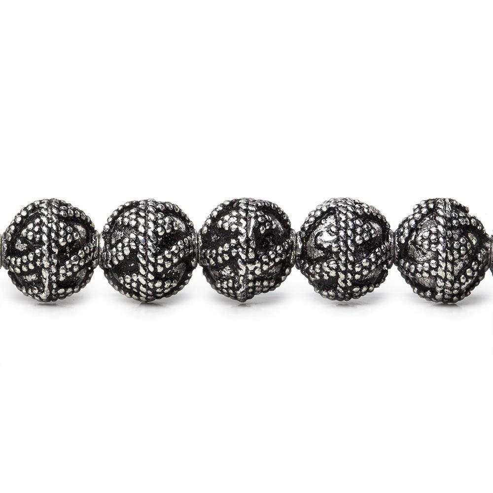 8mm Antiqued Sterling Silver Plated Copper Bead Round, Miligrain Triangles & Swirl 8 inch 28 pieces - Beadsofcambay.com