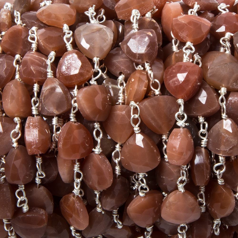 8mm Burnt Orange Moonstone triangle Silver plated Chain by the foot 22pcs - Beadsofcambay.com