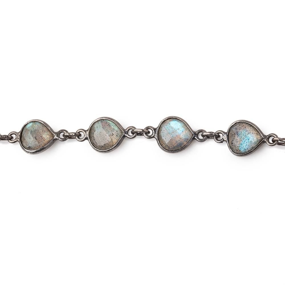 8mm Labradorite Faceted Heart Black Gold .925 Bezeled Chain - Beadsofcambay.com