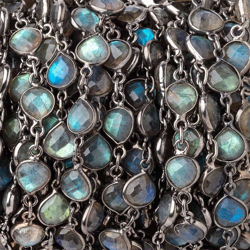 8mm Labradorite Faceted Heart Black Gold .925 Bezeled Chain - Beadsofcambay.com