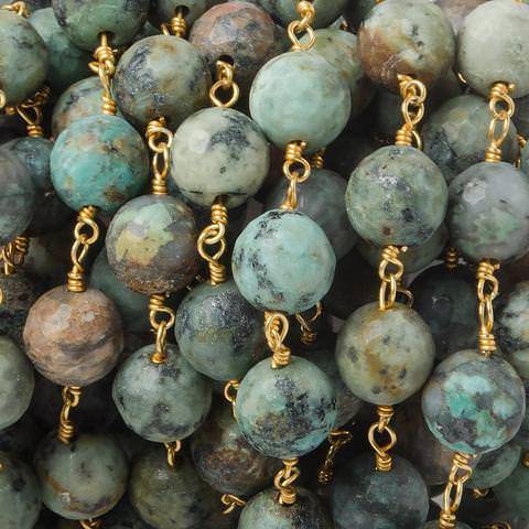 8mm Matte African Turquoise faceted round Gold plated Chain  - Beadsofcambay.com