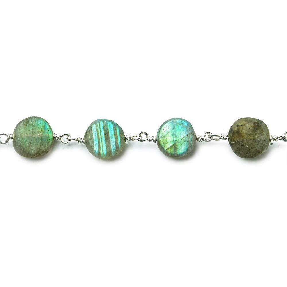 8mm Matte Labradorite plain coin Silver plated Chain by the foot 27 beads per - Beadsofcambay.com