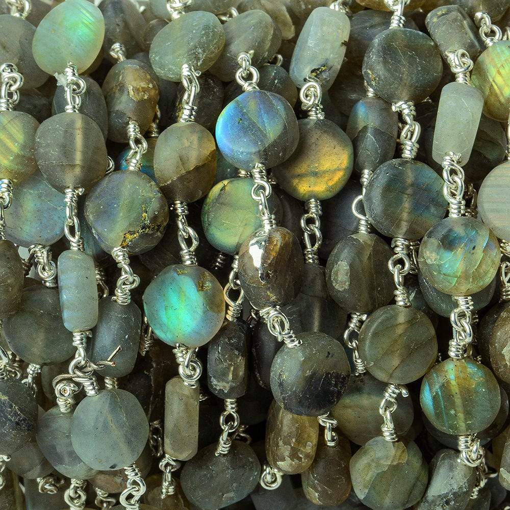 8mm Matte Labradorite plain coin Silver plated Chain by the foot 27 beads per - Beadsofcambay.com