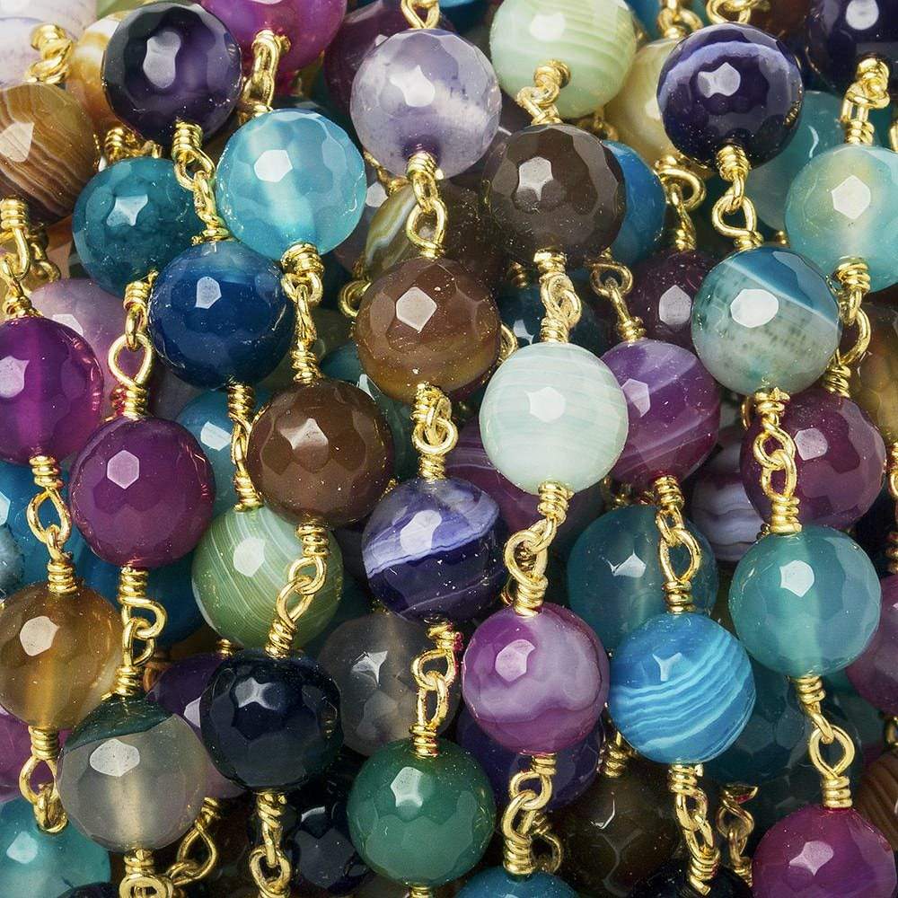 8mm Multi Color Festive Agate faceted round Gold Chain by the foot 21 beads - Beadsofcambay.com