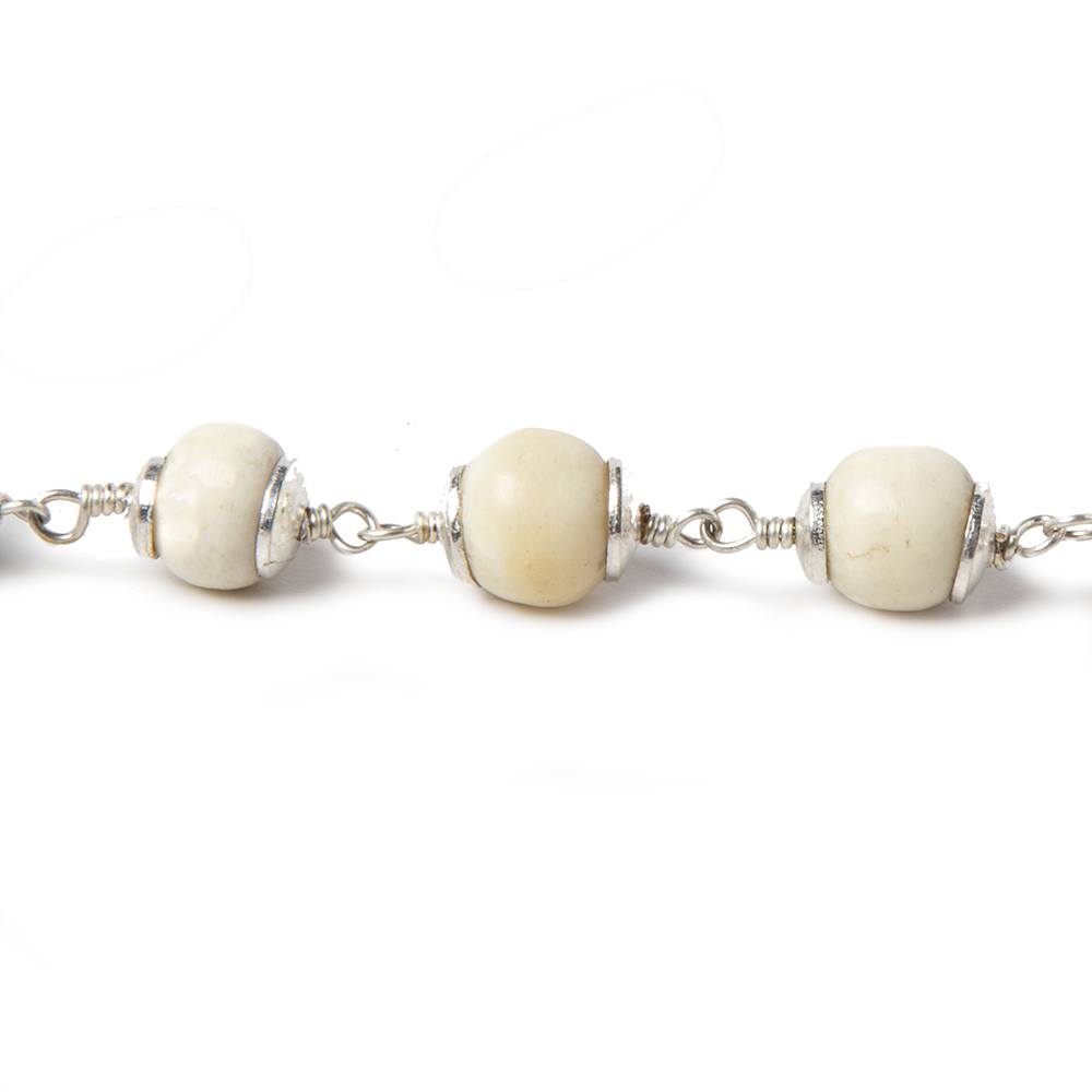 8mm Off White Bone rounds Silver plated Cap and Chain by the foot 19 pieces - Beadsofcambay.com
