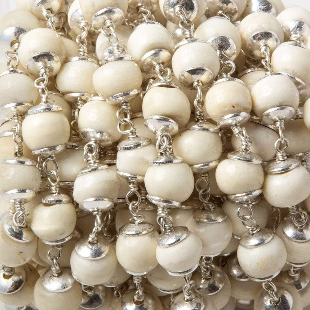 8mm Off White Bone rounds Silver plated Cap and Chain by the foot 19 pieces - Beadsofcambay.com