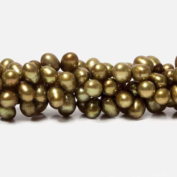 8mm Olive Green Top Drilled Oval Pearls, 15 inch - Beadsofcambay.com