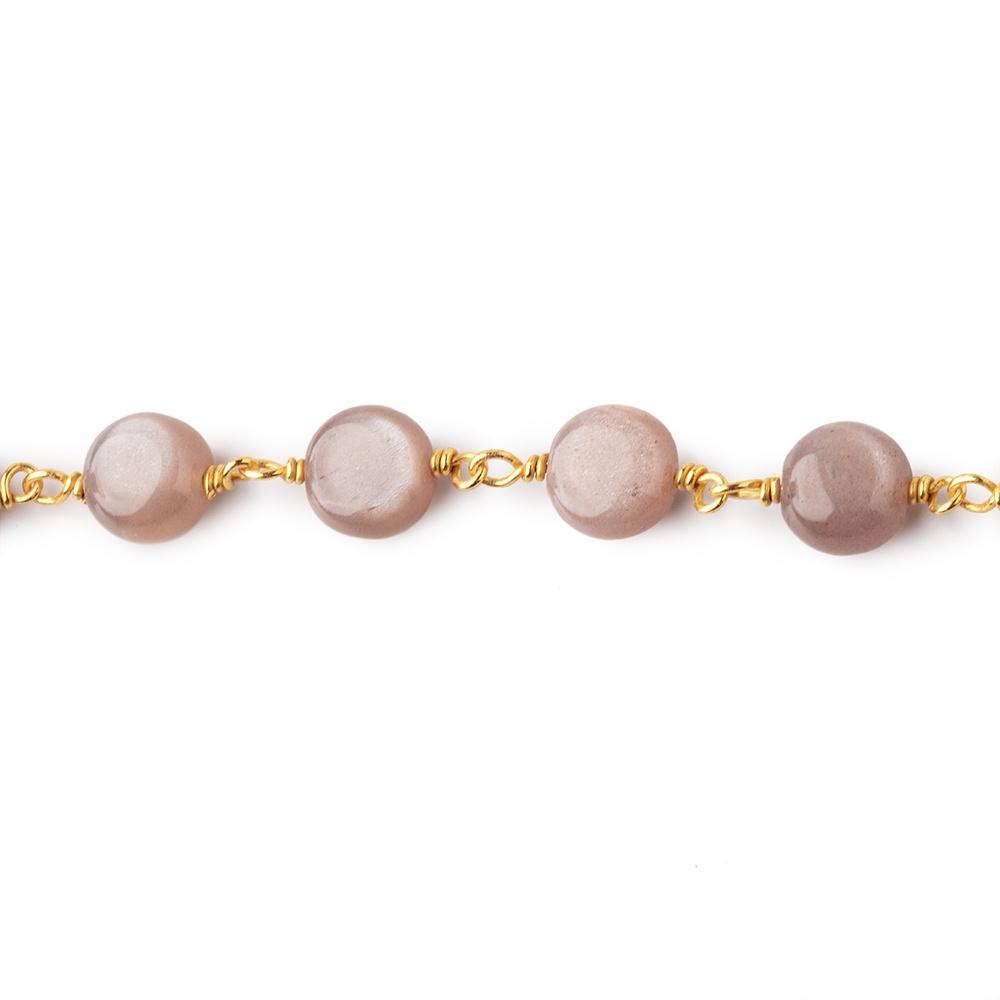 8mm Peach & Chocolate Moonstone puffy coin Vermeil Chain by the foot 23 beads - Beadsofcambay.com