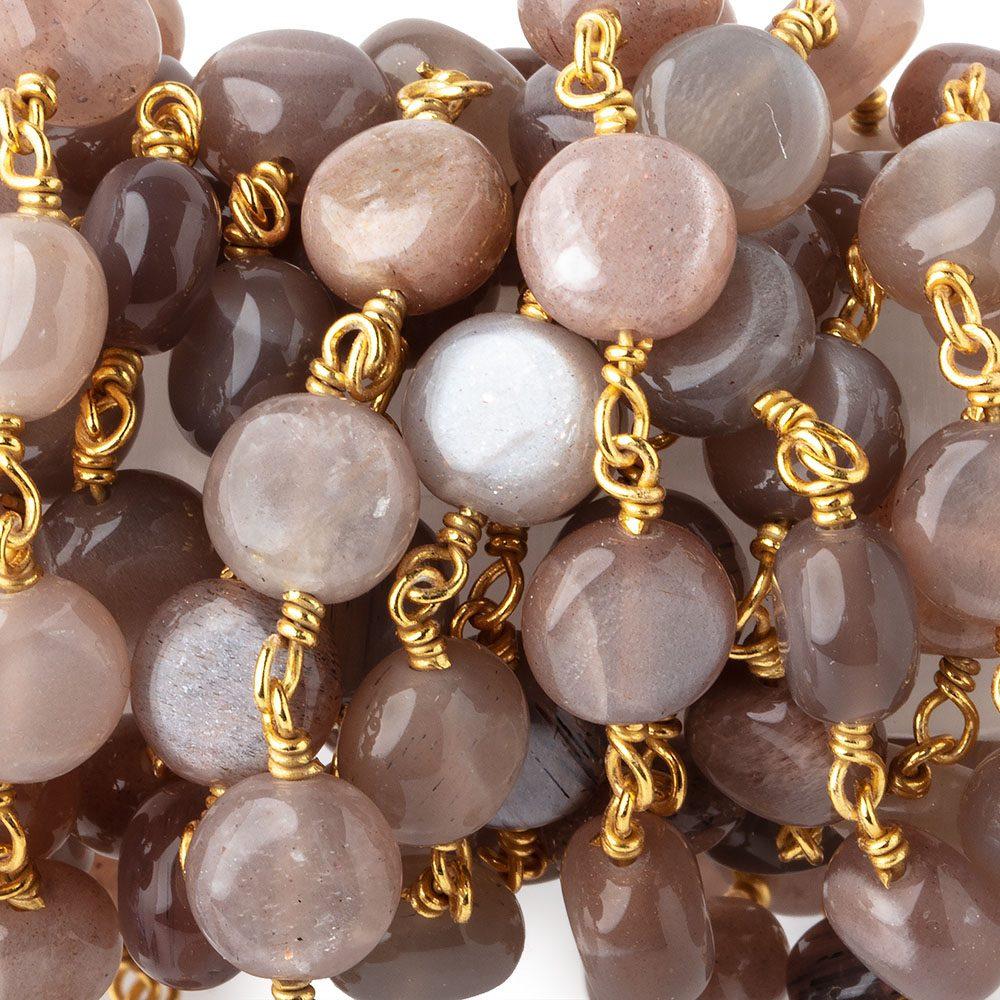 8mm Peach & Chocolate Moonstone puffy coin Vermeil Chain by the foot 23 beads - Beadsofcambay.com