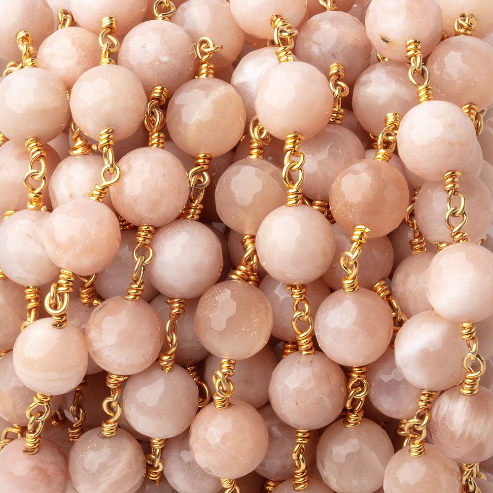 8mm Peach Moonstone Faceted Rounds on Gold Plated Chain - Beadsofcambay.com