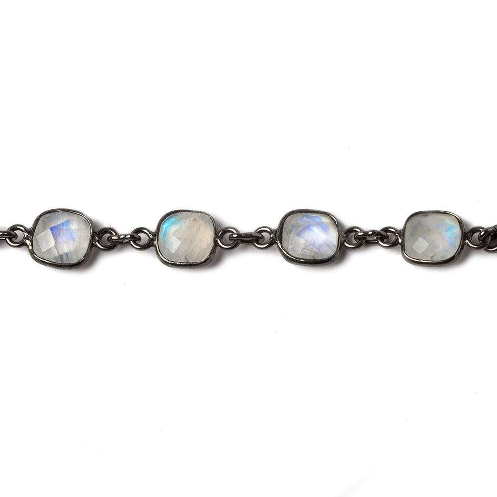 8mm Rainbow Moonstone Pillow Oxidized Silver .925 Bezeled Chain by the foot 20 pcs - Beadsofcambay.com