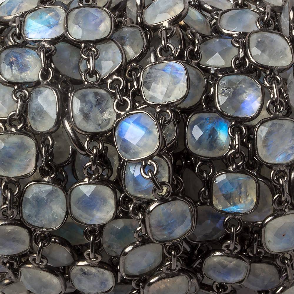 8mm Rainbow Moonstone Pillow Oxidized Silver .925 Bezeled Chain by the foot 20 pcs - Beadsofcambay.com