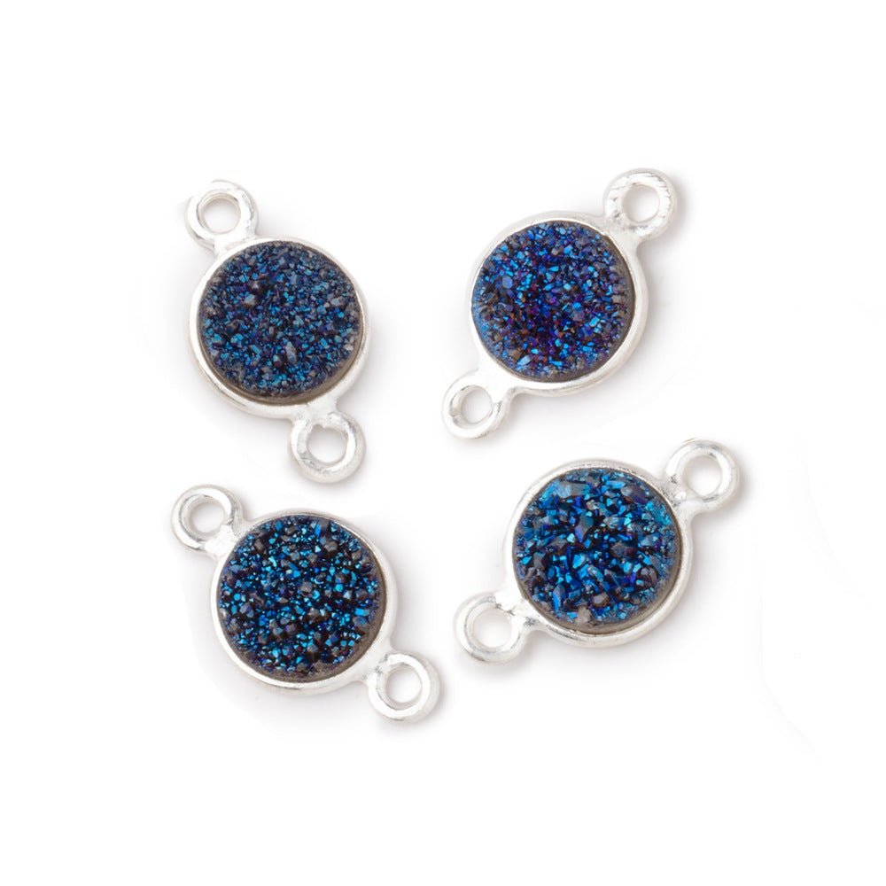 8mm Silver .925 Bezel Mystic Aegean Blue Drusy Coin Connector Set of 4 Pieces - Beadsofcambay.com