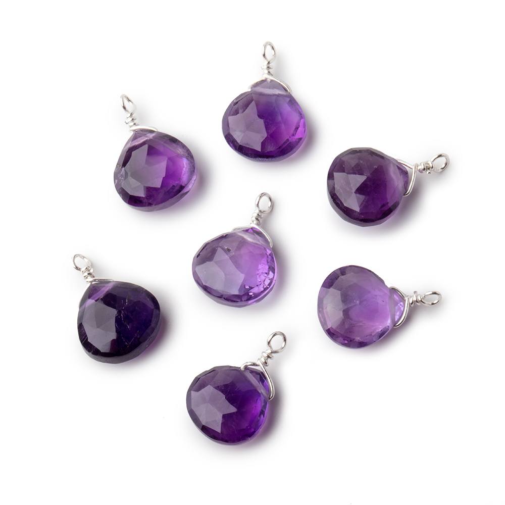 8mm Silver Wire Wrapped Amethyst Faceted Heart 1 Focal Pendant - Beadsofcambay.com