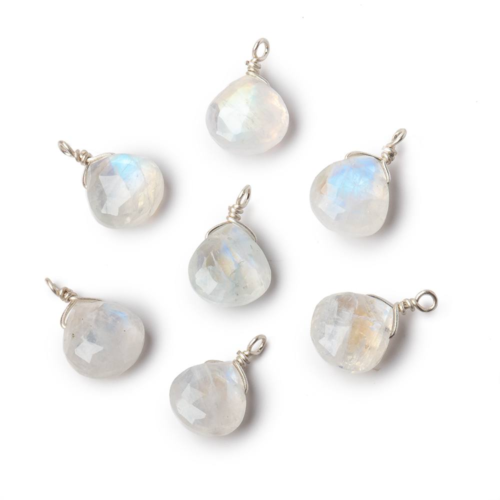 8mm Silver Wire Wrapped Rainbow Moonstone Faceted Heart 1 Focal Pendant - Beadsofcambay.com
