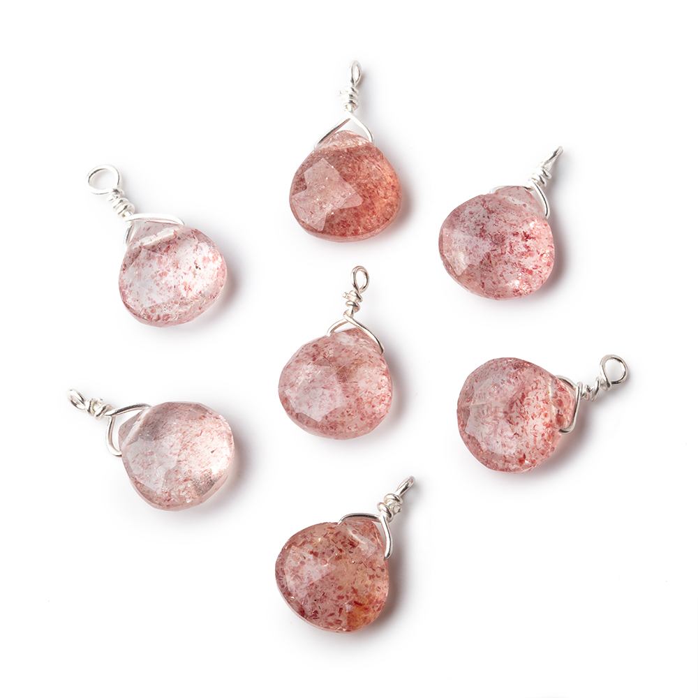 8mm Silver Wire Wrapped Strawberry Quartz Faceted Heart 1 Focal Pendant - Beadsofcambay.com