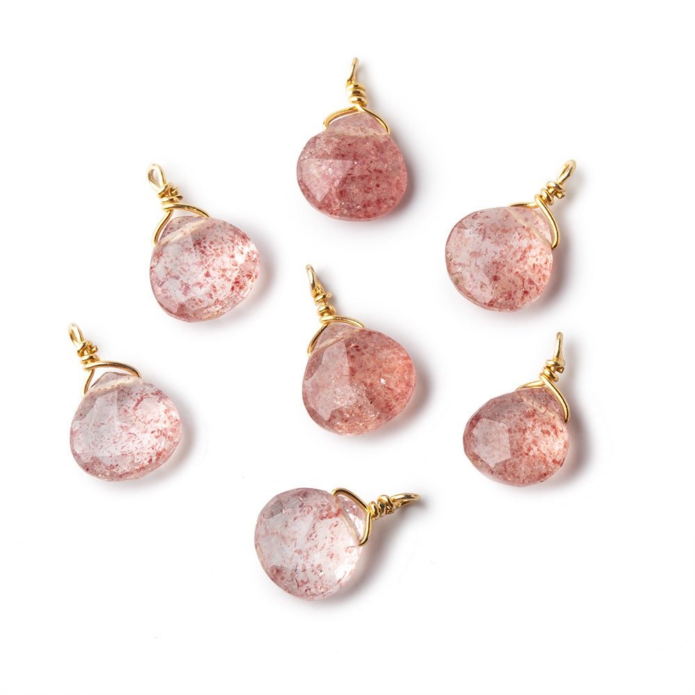 8mm Vermeil Wire Wrapped Strawberry Quartz Faceted Heart 1 Focal Pendant - Beadsofcambay.com