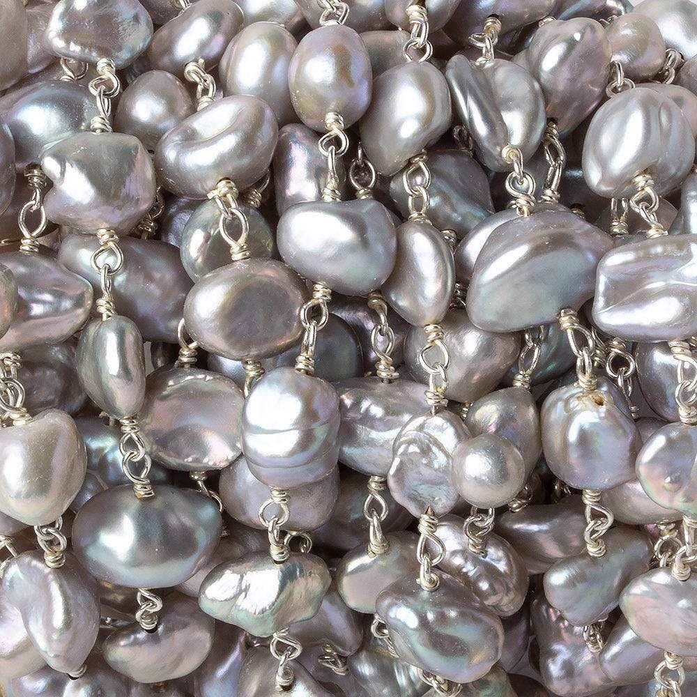 8x6-10x8mm Silver Keshi Freshwater Pearl Silver .925 Chain by the foot - Beadsofcambay.com