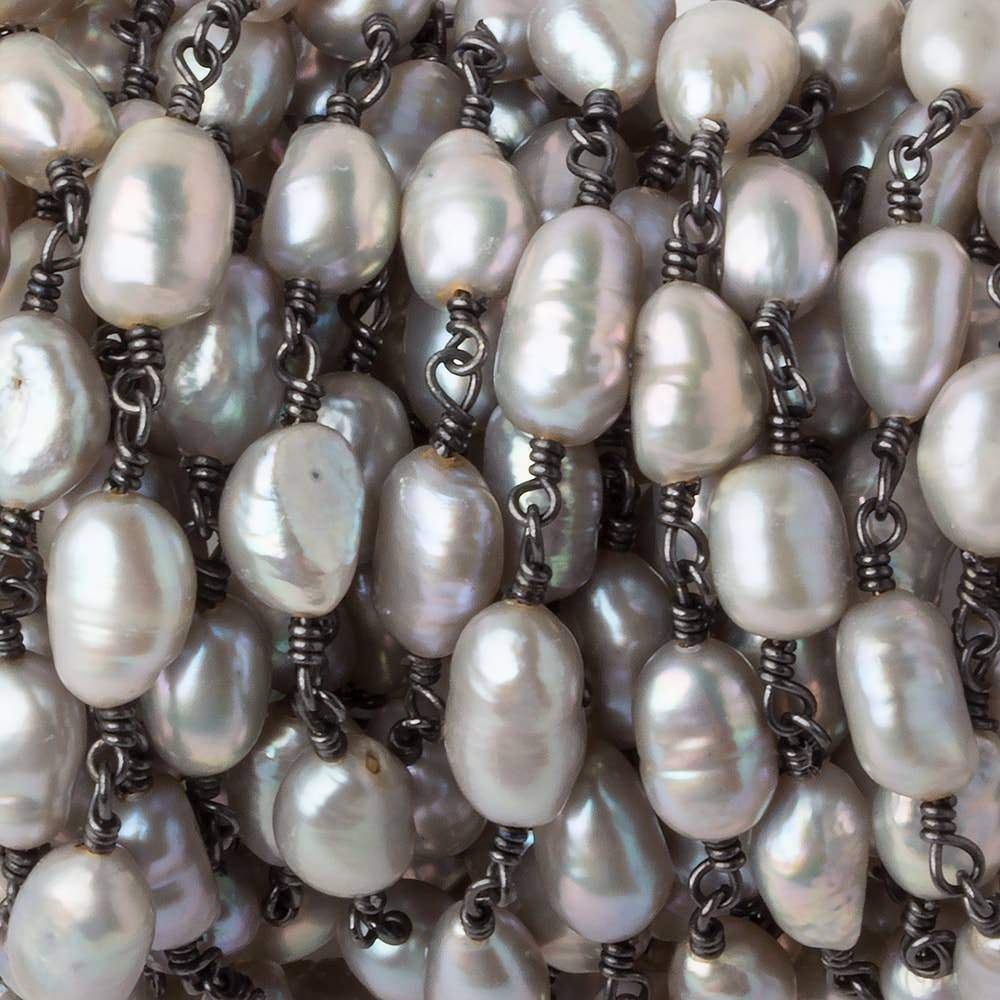 8x6-9x6mm Peacock Silver Baroque Pearl Black Gold plated Chain by the foot 18 pearls - Beadsofcambay.com