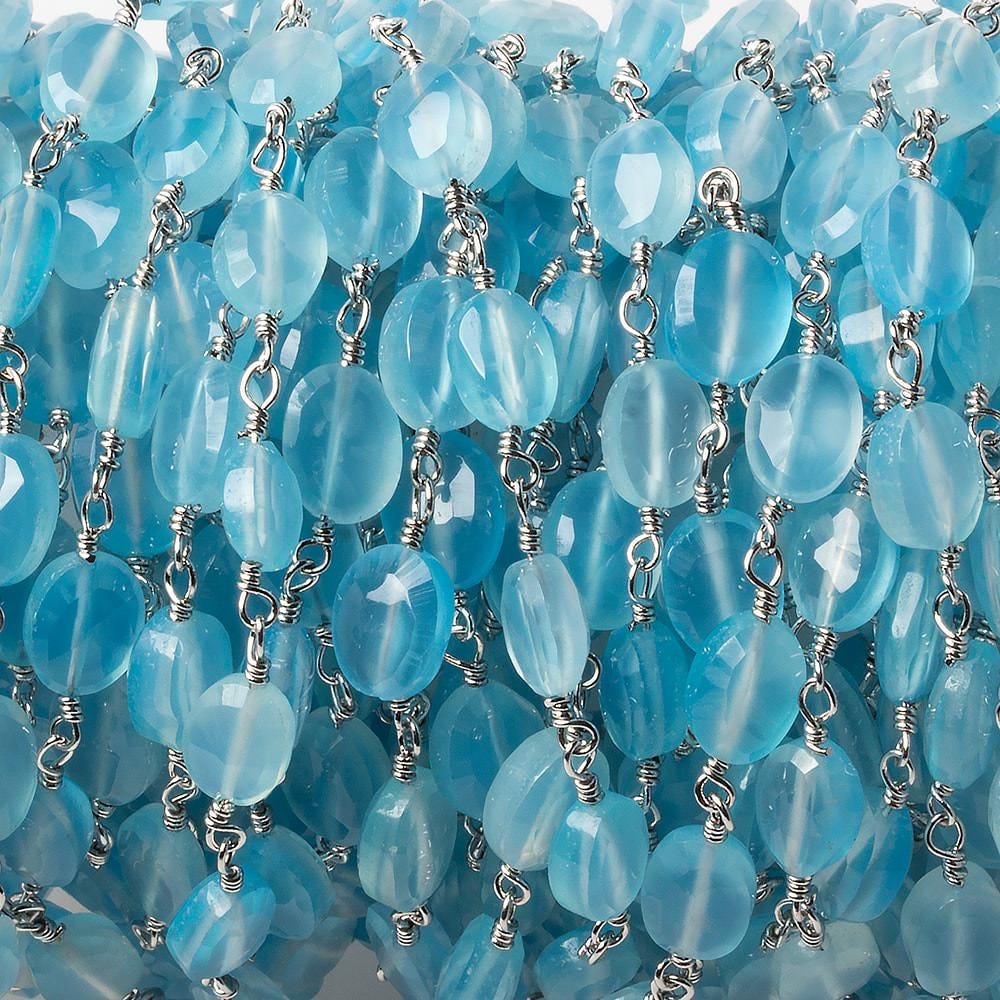 8x6mm Blue Chalcedony faceted Oval Silver Chain by the foot 23 pieces - Beadsofcambay.com
