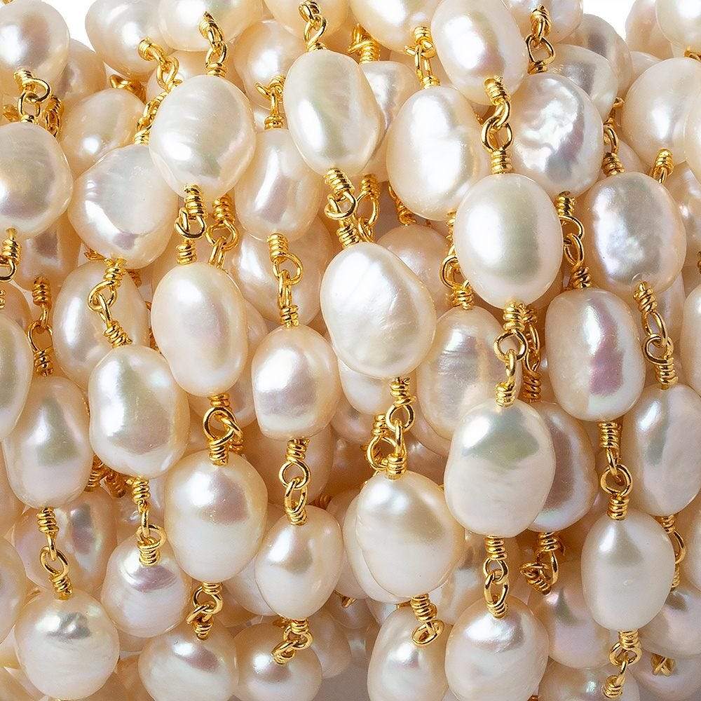 8x6mm Cream Straight Baroque Pearl Gold plated Chain by the foot 20 beads - Beadsofcambay.com