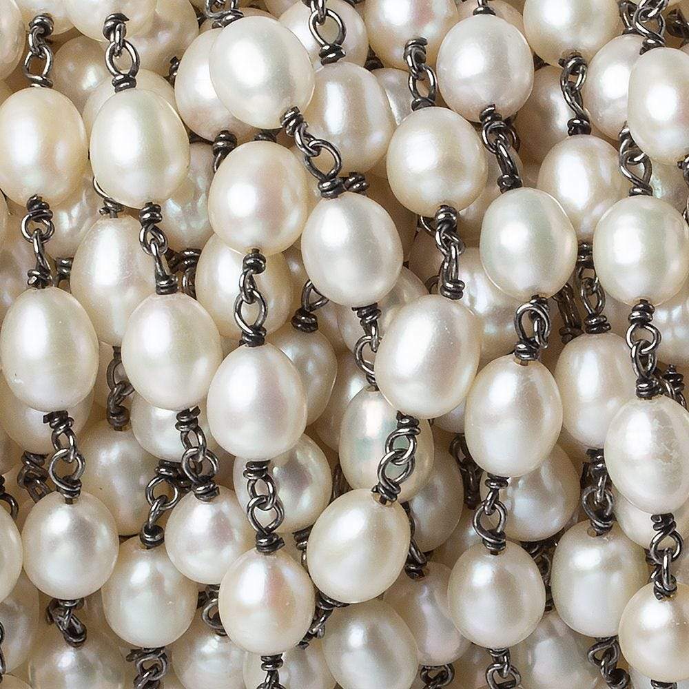 8x6mm Off White Oval Pearl Black Gold .925 Silver Chain by the foot 22 pieces - Beadsofcambay.com