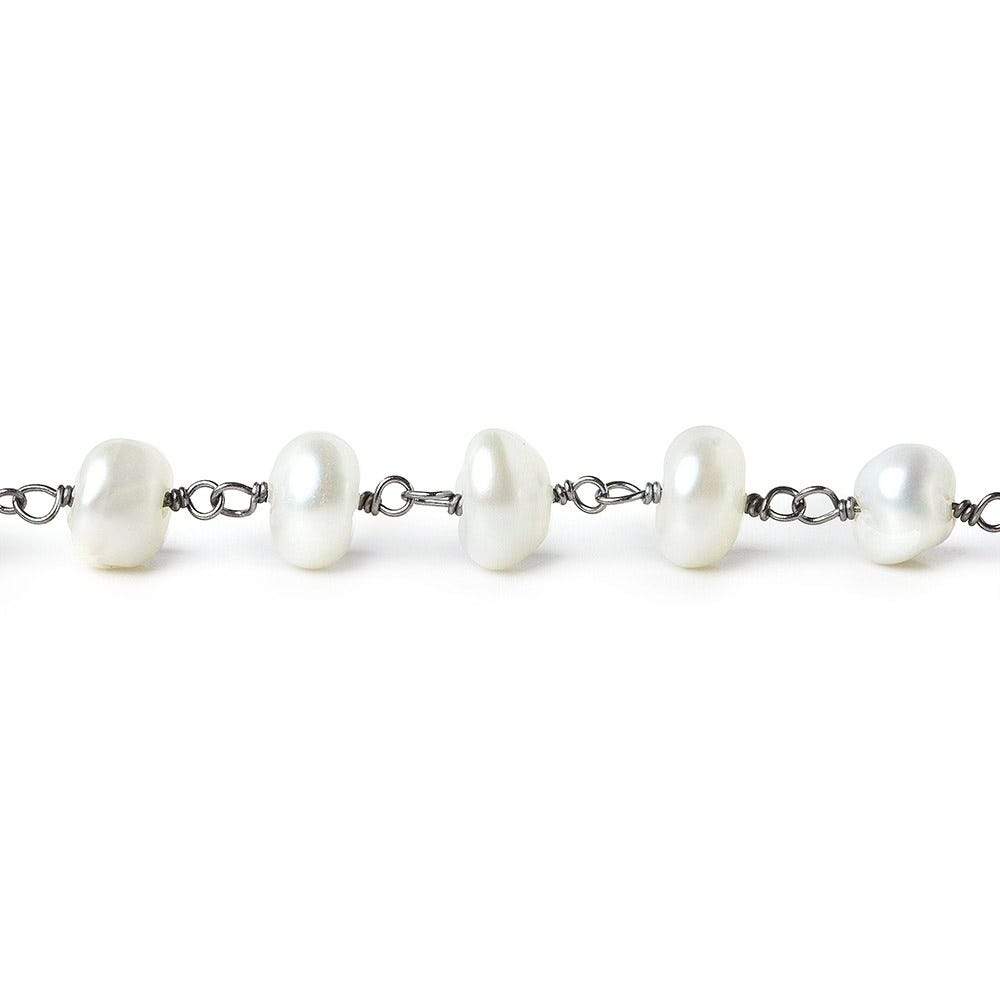 8x6mm White center drilled Keshi Pearl Black Gold plated Chain by the foot 31pc - Beadsofcambay.com