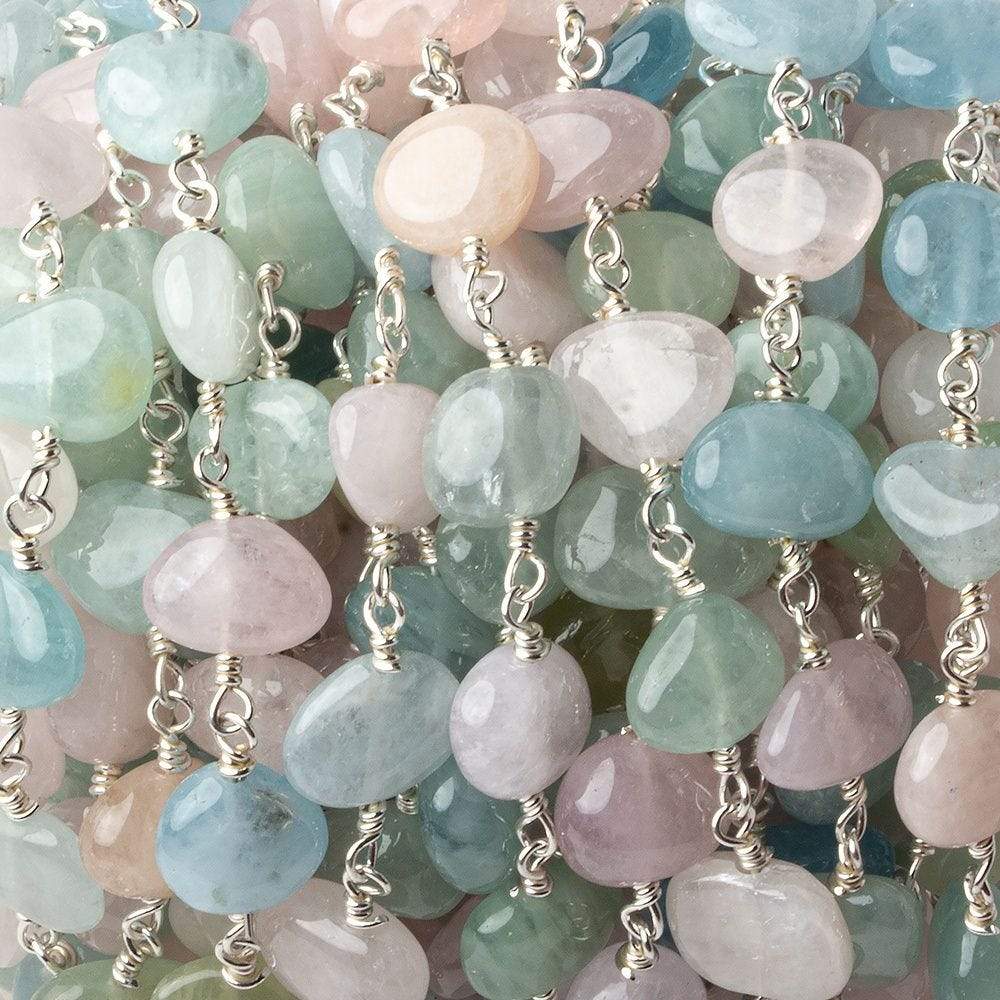 8x7-11x8mm Multi Beryl plain nugget .925 Silver Chain by the foot 21 pcs - Beadsofcambay.com