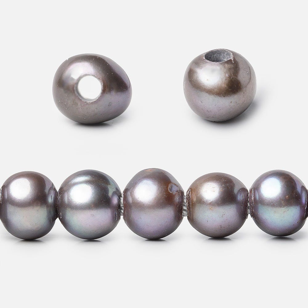 8x7-9x7mm Violet Peacock Silver Off Round 2.5mm Large Hole Freshwater Pearl 55 pcs - Beadsofcambay.com