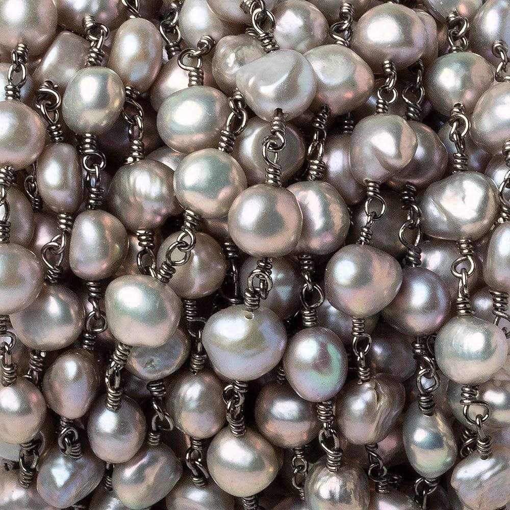 8x7mm Rose' Silver Baroque Pearl Black Gold plated Chain by the foot 26 pieces - Beadsofcambay.com