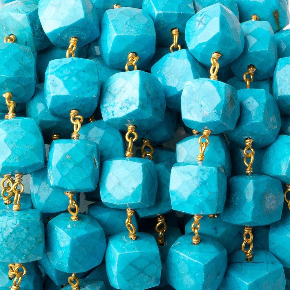 8x8-10x10mm Turquoise Howlite faceted cube Gold plated Chain by the foot 21 pieces - Beadsofcambay.com