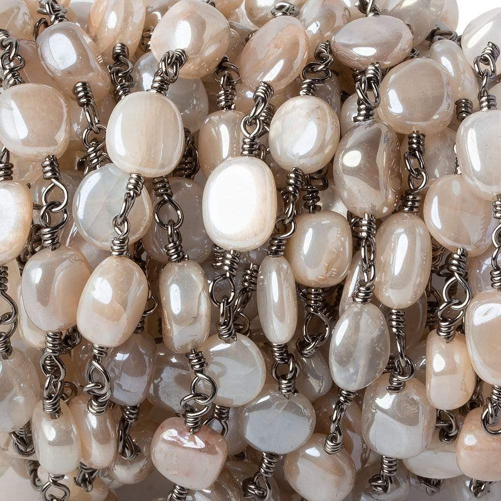 8x8-10x8mm Mystic Grey Moonstone plain nugget Black Gold plated Chain by the foot - Beadsofcambay.com