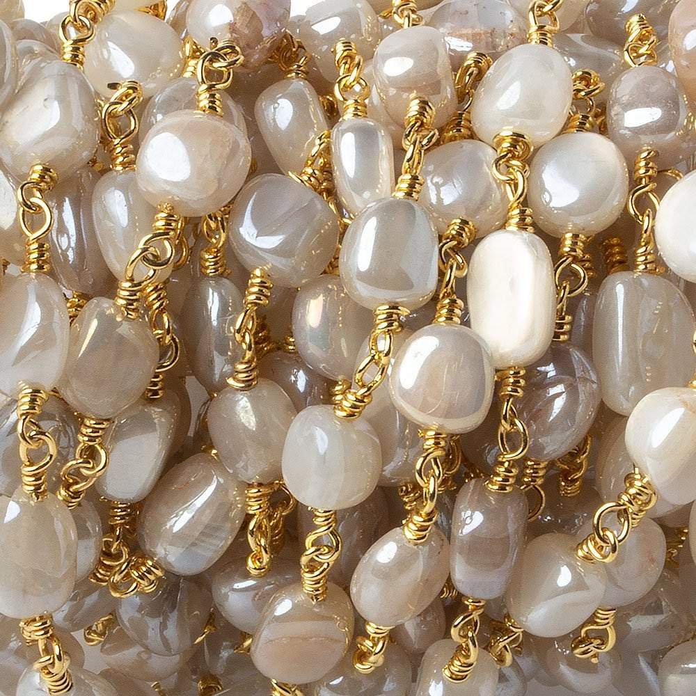 8x8-10x8mm Mystic Of White Moonstone plain nugget Gold plated Chain by the foot - Beadsofcambay.com