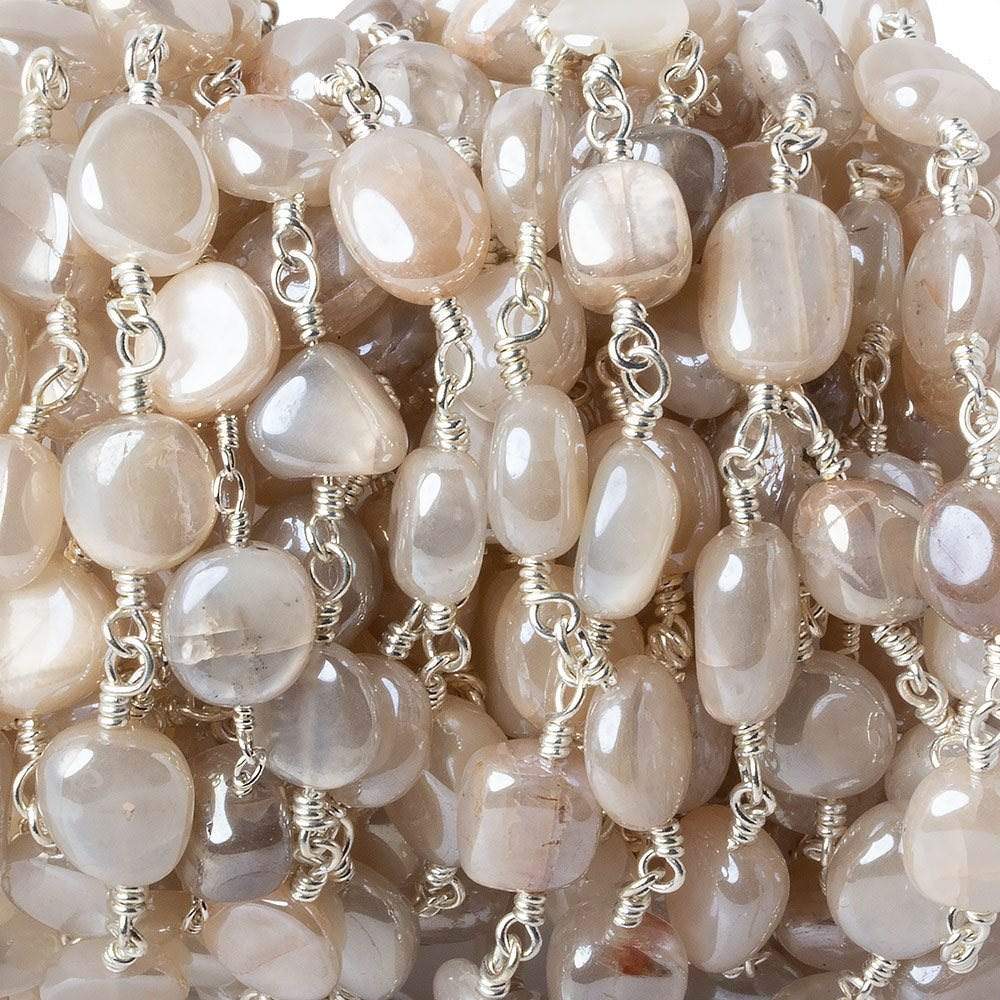 8x8-10x8mm Mystic Of White Moonstone plain nugget Silver plated Chain by the foot - Beadsofcambay.com
