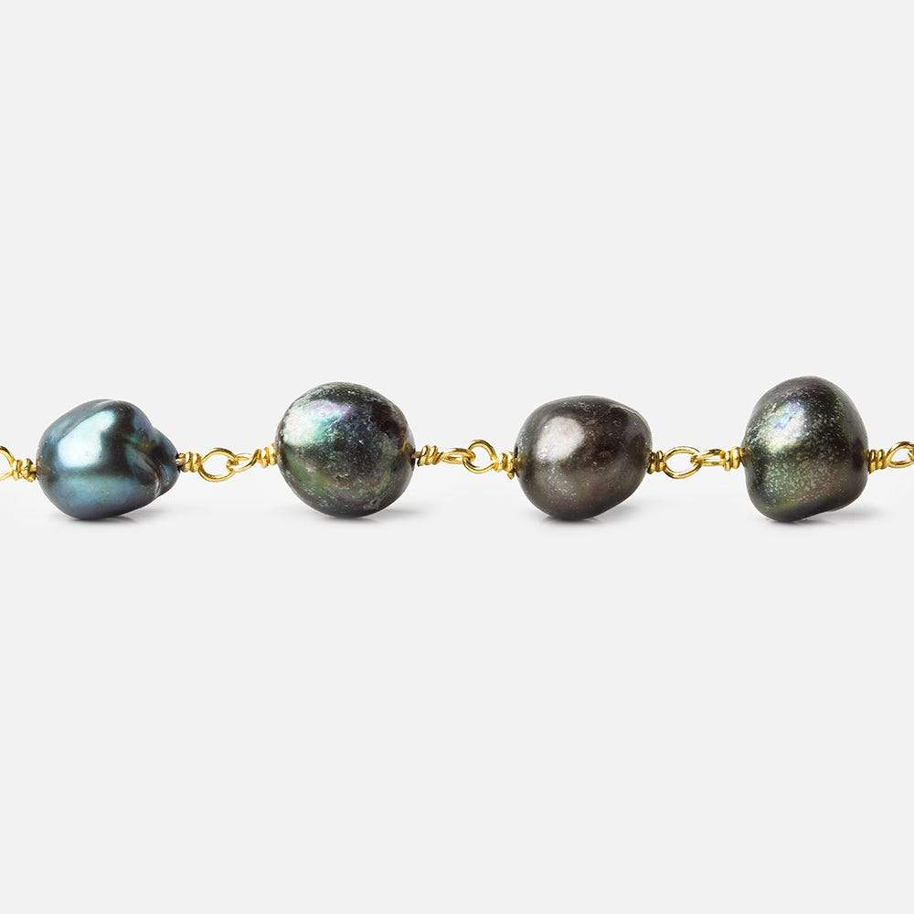 8x8-11x8mm Dark Peacock Baroque Pearl Gold plated Chain by the foot - Beadsofcambay.com