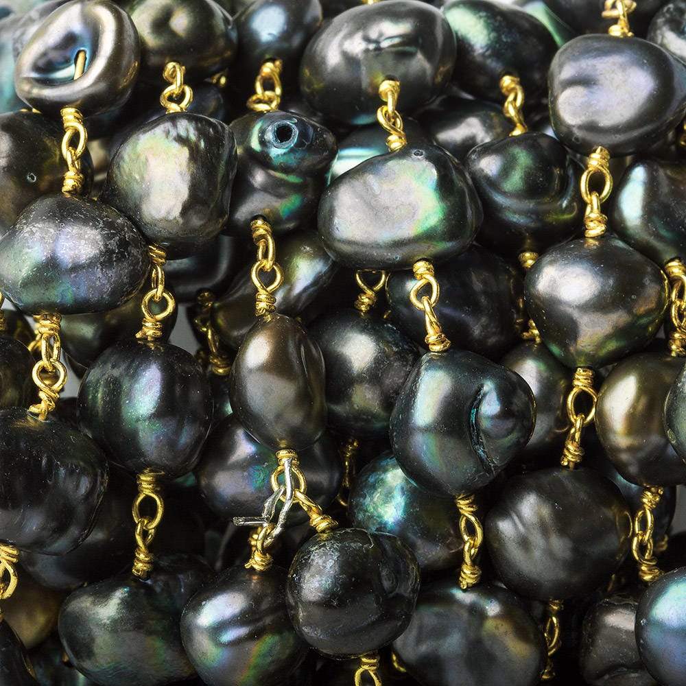 8x8-11x8mm Dark Peacock Baroque Pearl Gold plated Chain by the foot - Beadsofcambay.com